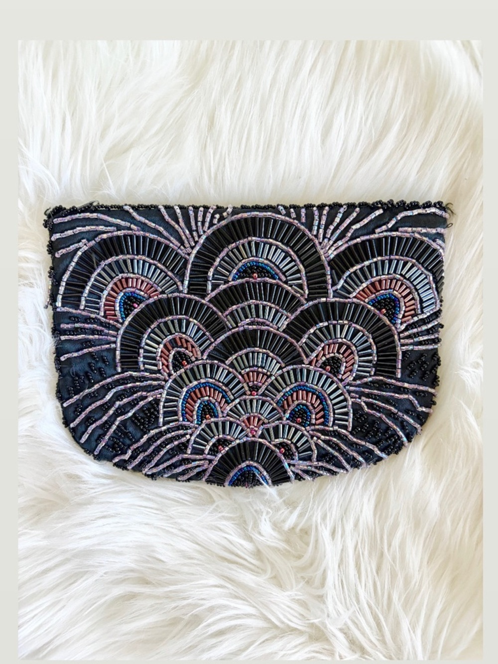 La Regale Vintage Black + Iridescent Beaded Scalloped Art Deco Evening Clutch